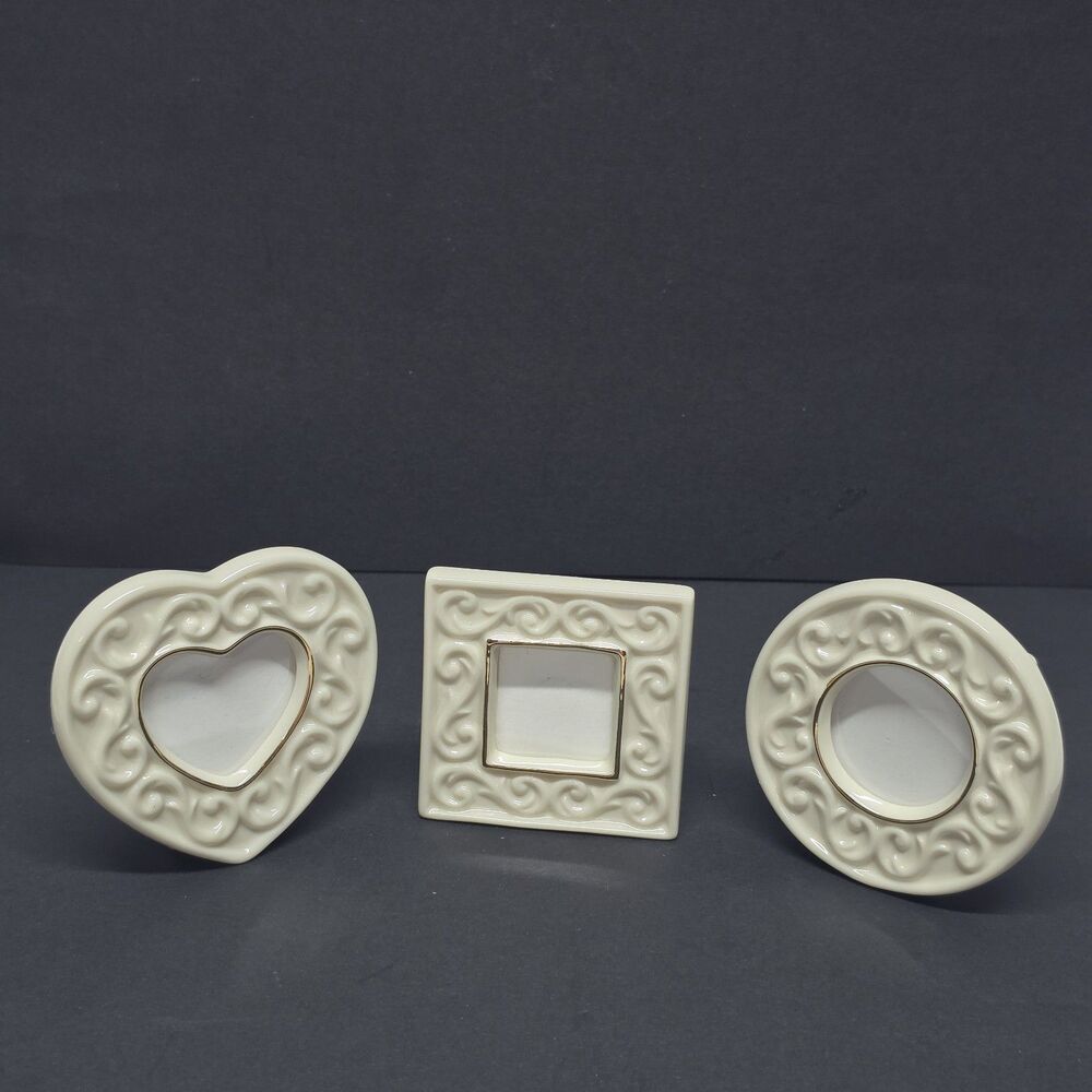 LENOX 3 DIFFERENT MINI IVORY PORCELAIN PICTURE FRAMES HEART CIRCLE SQUARE